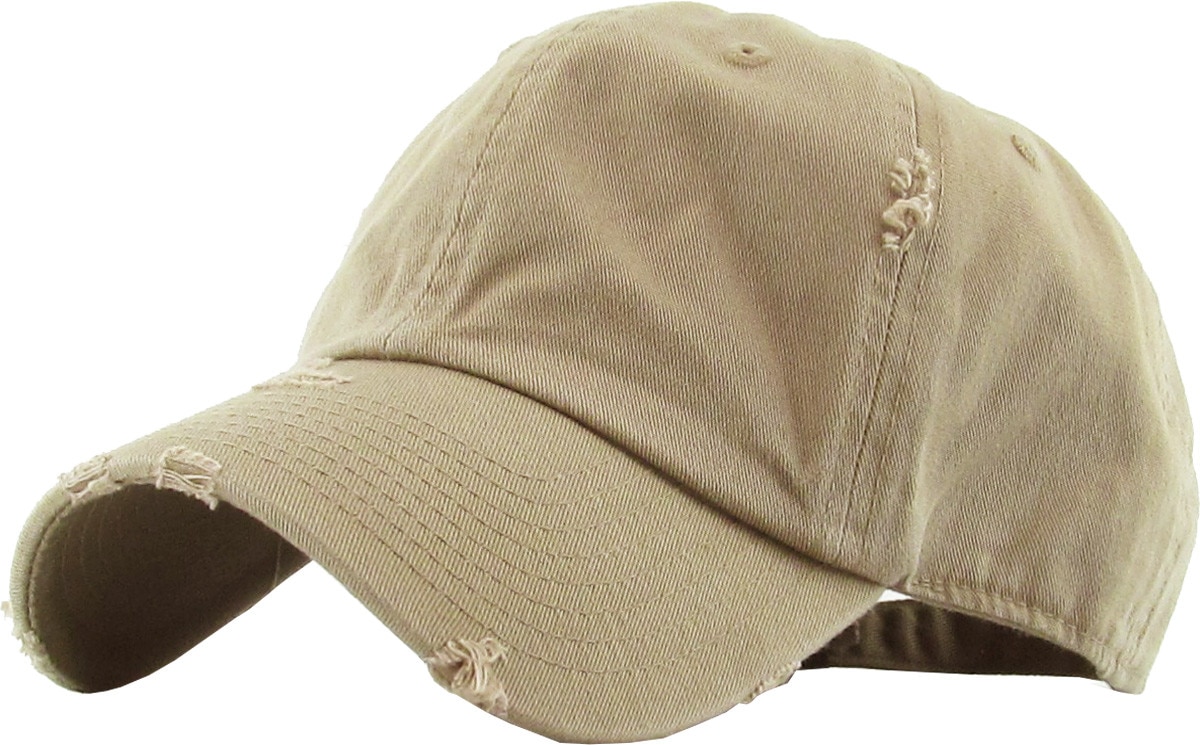 Khaki Distressed Vintage Baseball Cap Front Side View
